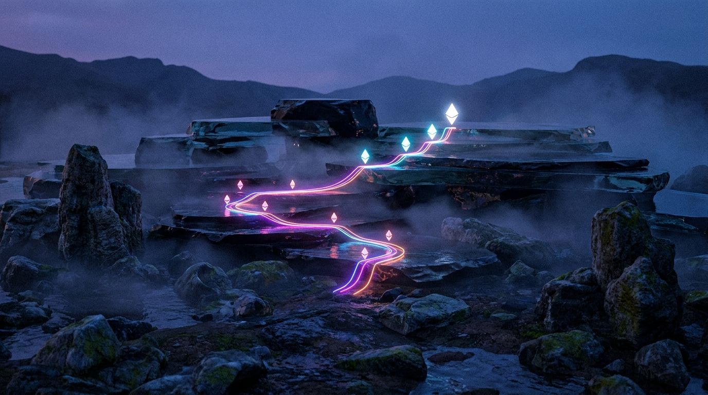 Ten small diamond waypoints on smoked-glass tiers gather into fewer, brighter markers up a glowing route, like tactics converging into engagement.