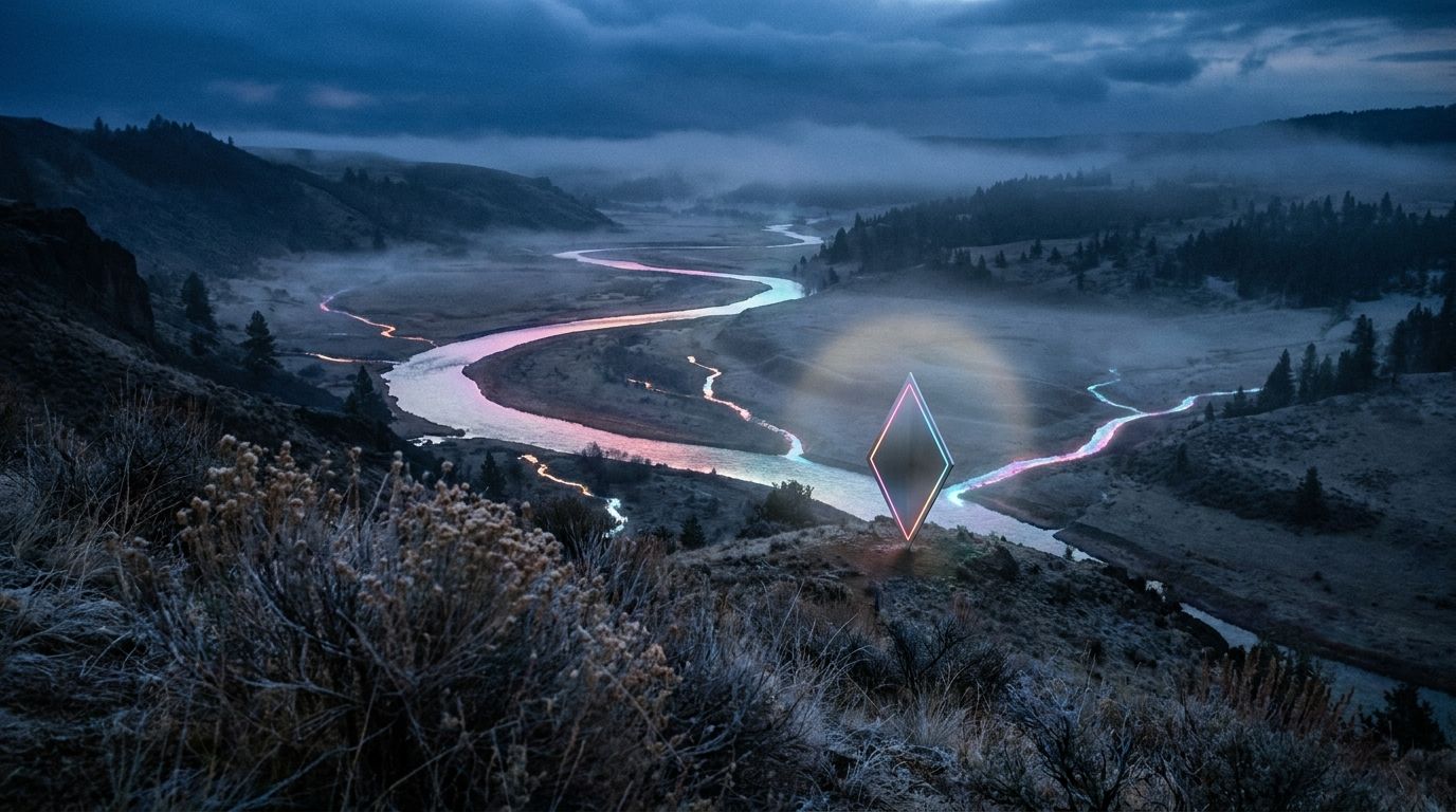 Two glowing tributaries join a river route at one diamond waypoint in a foggy valley at dusk, like scattered reviews building real trust.