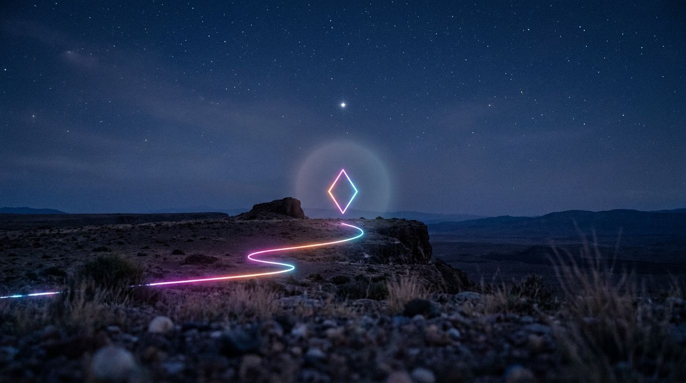 Empty night plateau where a route depends on one fixed anchored waypoint below a single steady star, like a domain name you must control.