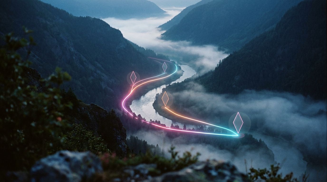 Foggy river valley with a glowing route and a parallel side path rejoining near a bend marker, like outsourcing that runs alongside the core work.