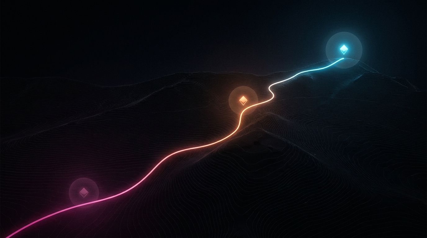 A glowing route climbs a dark topographic ridge through three diamond waypoints, from magenta at the base to cyan at the summit, like website cost tiers