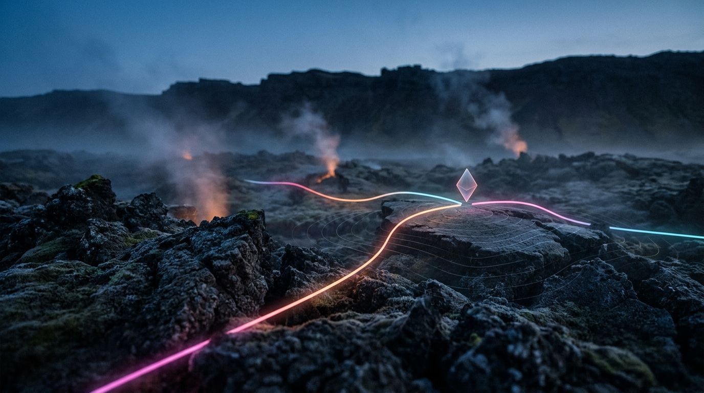 Three glowing routes wind between steam vents on volcanic rock and converge at one diamond marker, like local marketing building visibility.