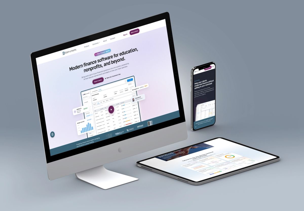 The Edstruments homepage on desktop beside the K-12 solutions page on tablet and the accounting firm solutions page on phone
