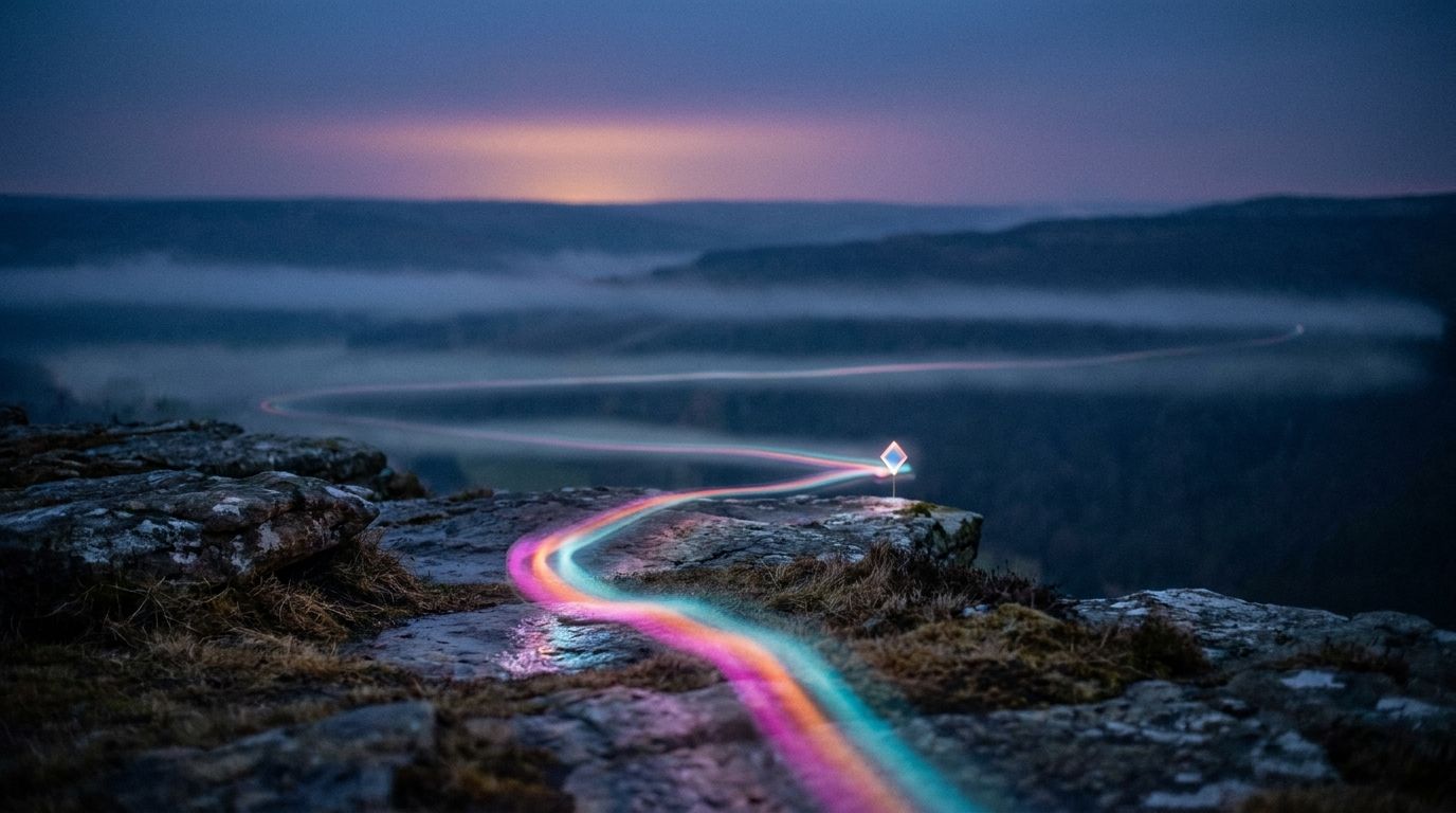 A glowing route crosses a cliff shelf through layered mist, brightening at each band to one diamond marker, like a story unfolding in stages.