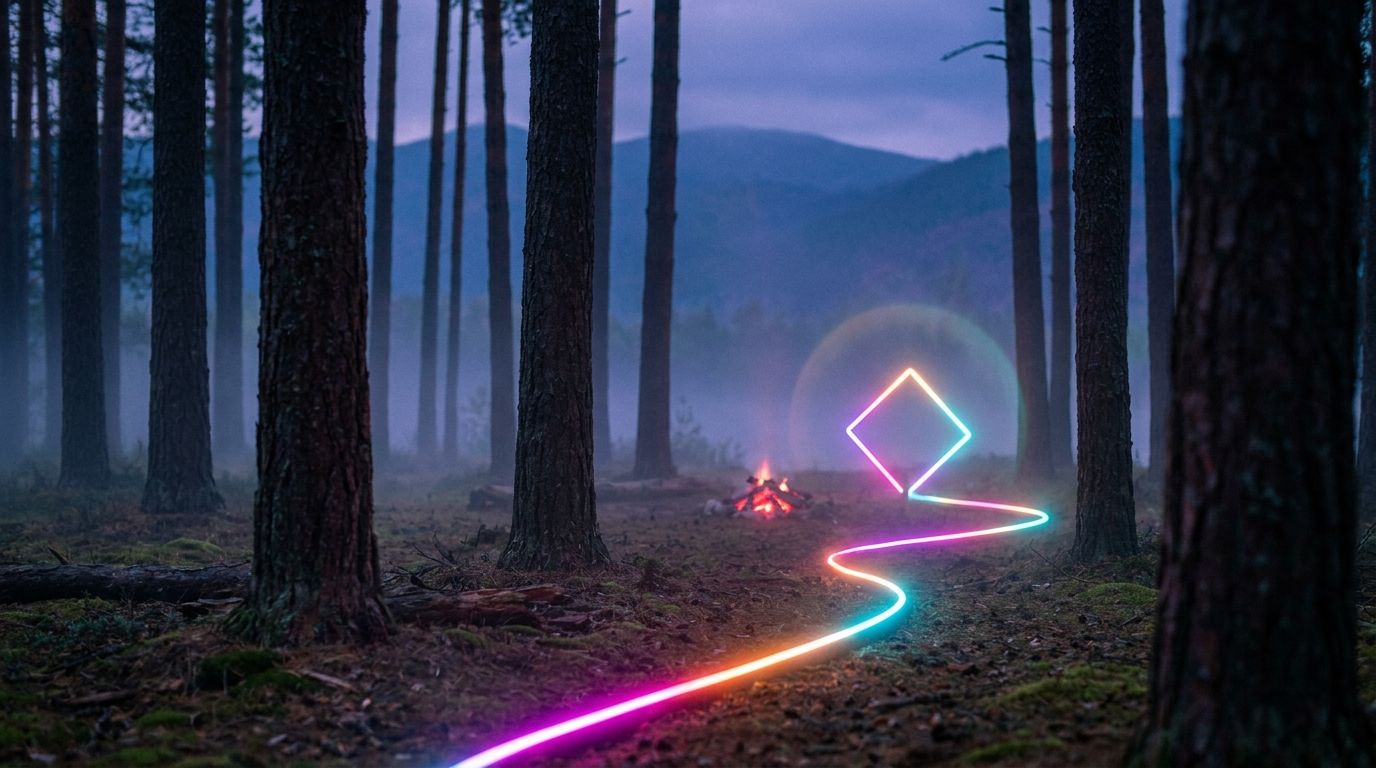 A glowing route winds through foggy pine trunks to a diamond waypoint beside an ember lit campfire ring, like human judgment beyond AI builders.