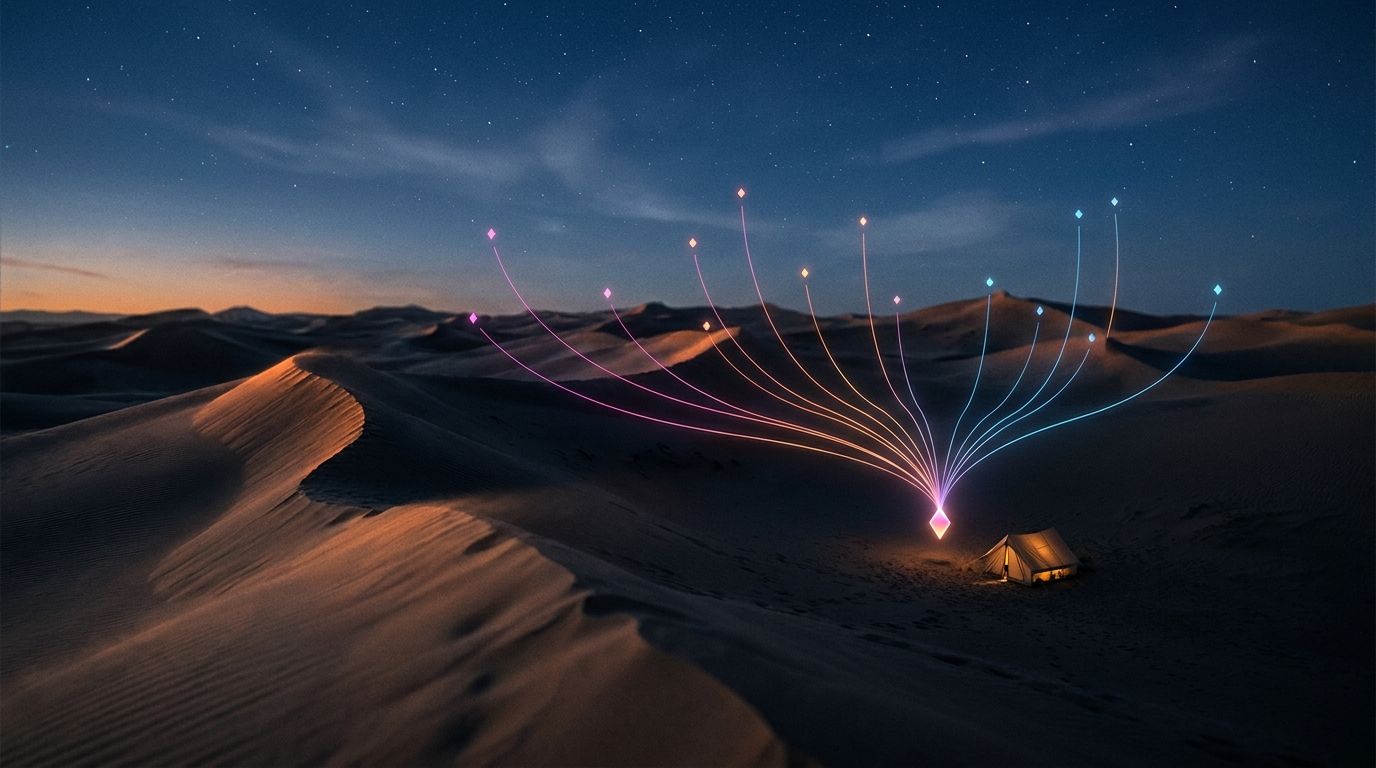 Small glowing waypoints across dark dunes converge on one marker beside a lit canvas tent, like influencers funneling attention to one cause.