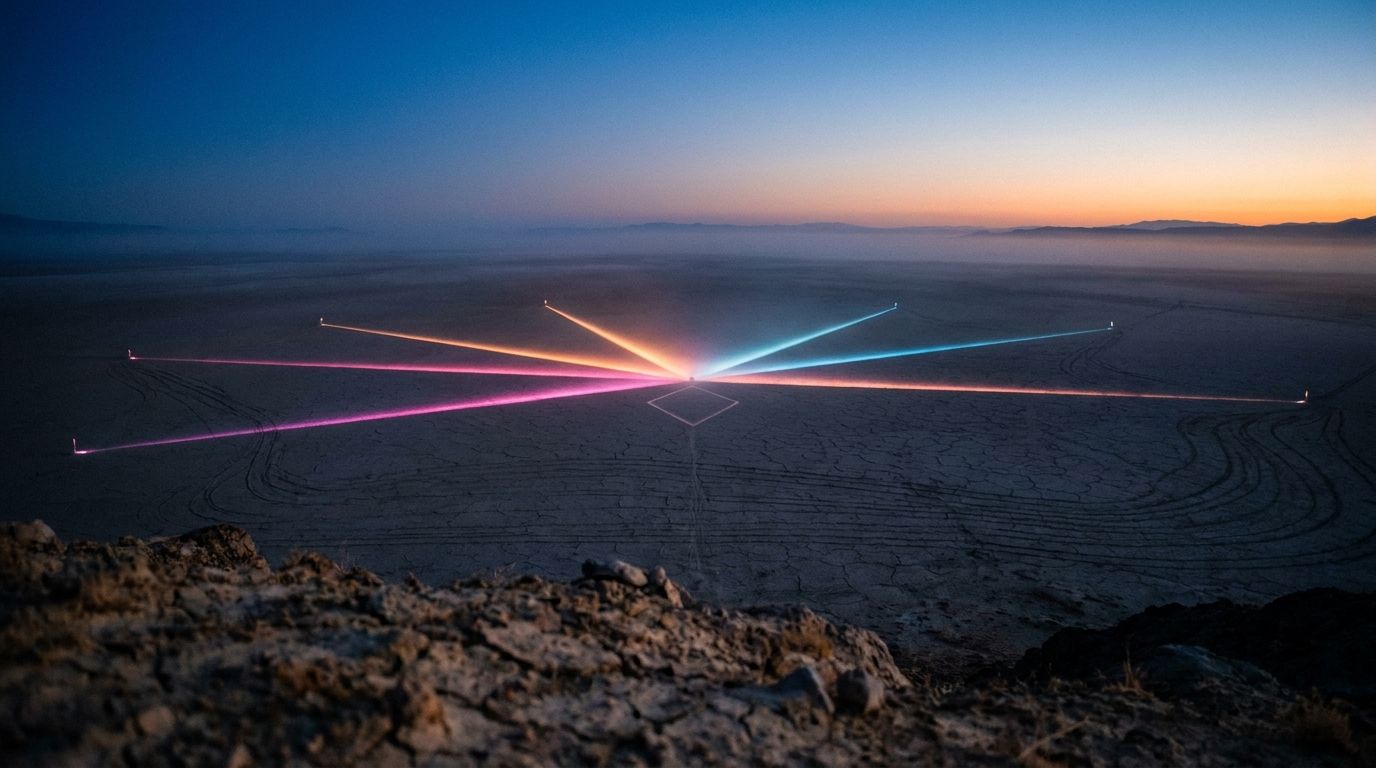 Glowing routes radiate outward like spokes from one central diamond marker across a cracked lakebed, like one voice reaching many audiences.