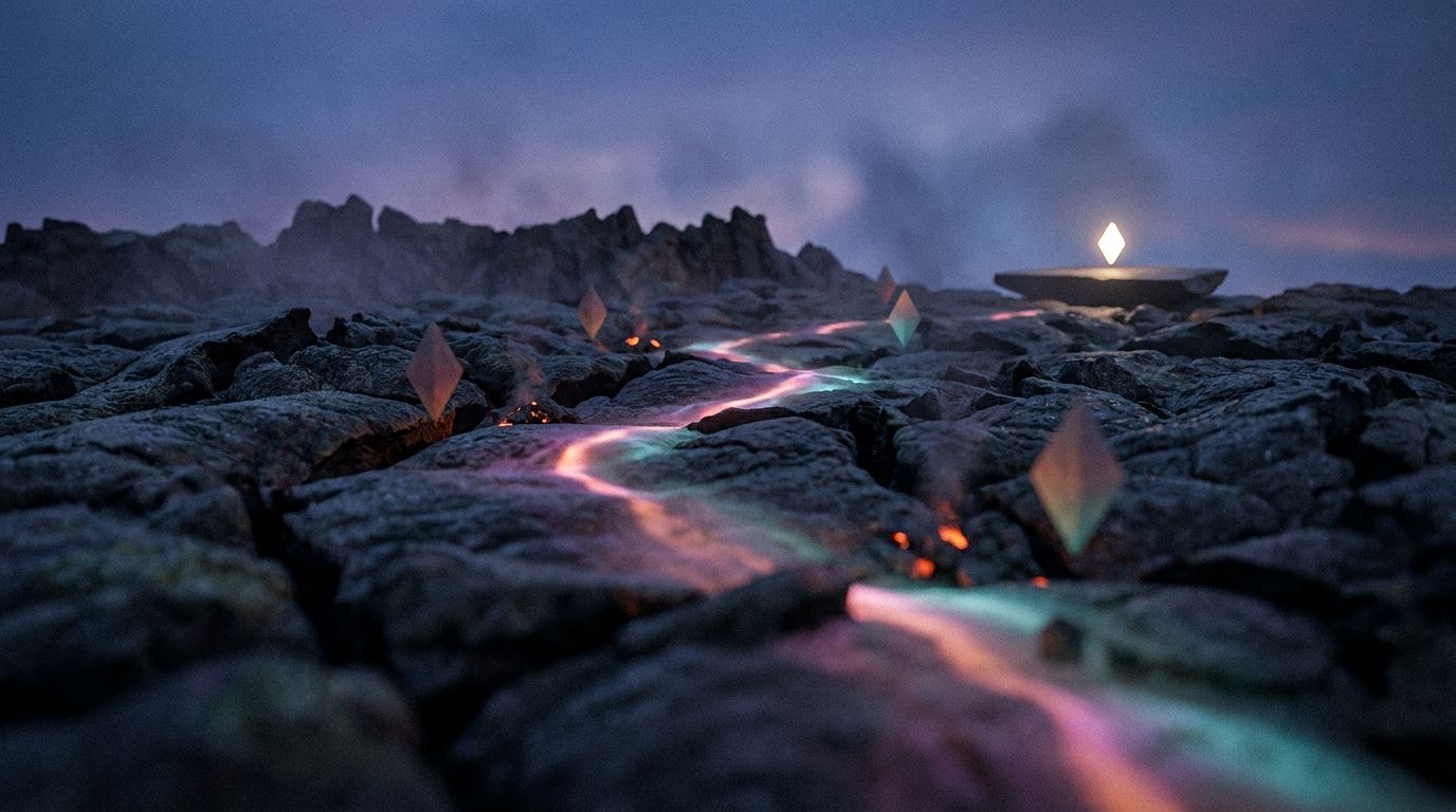 One sharply lit diamond marker stands apart from faint dim waypoints on dark volcanic rock, like a brand identity clear among blurred competitors.