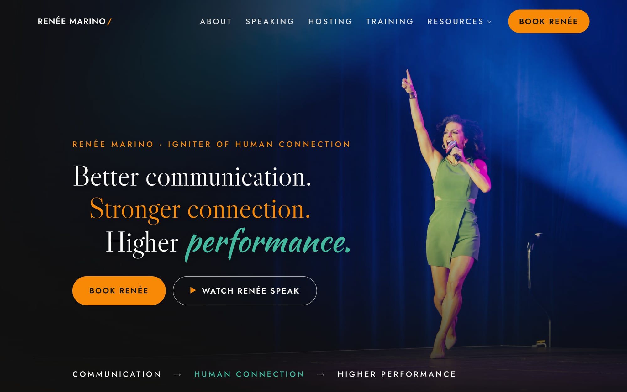 Homepage of the Renée Marino website: Renée on a blue-lit stage beside the line "Better communication. Stronger connection. Higher performance."