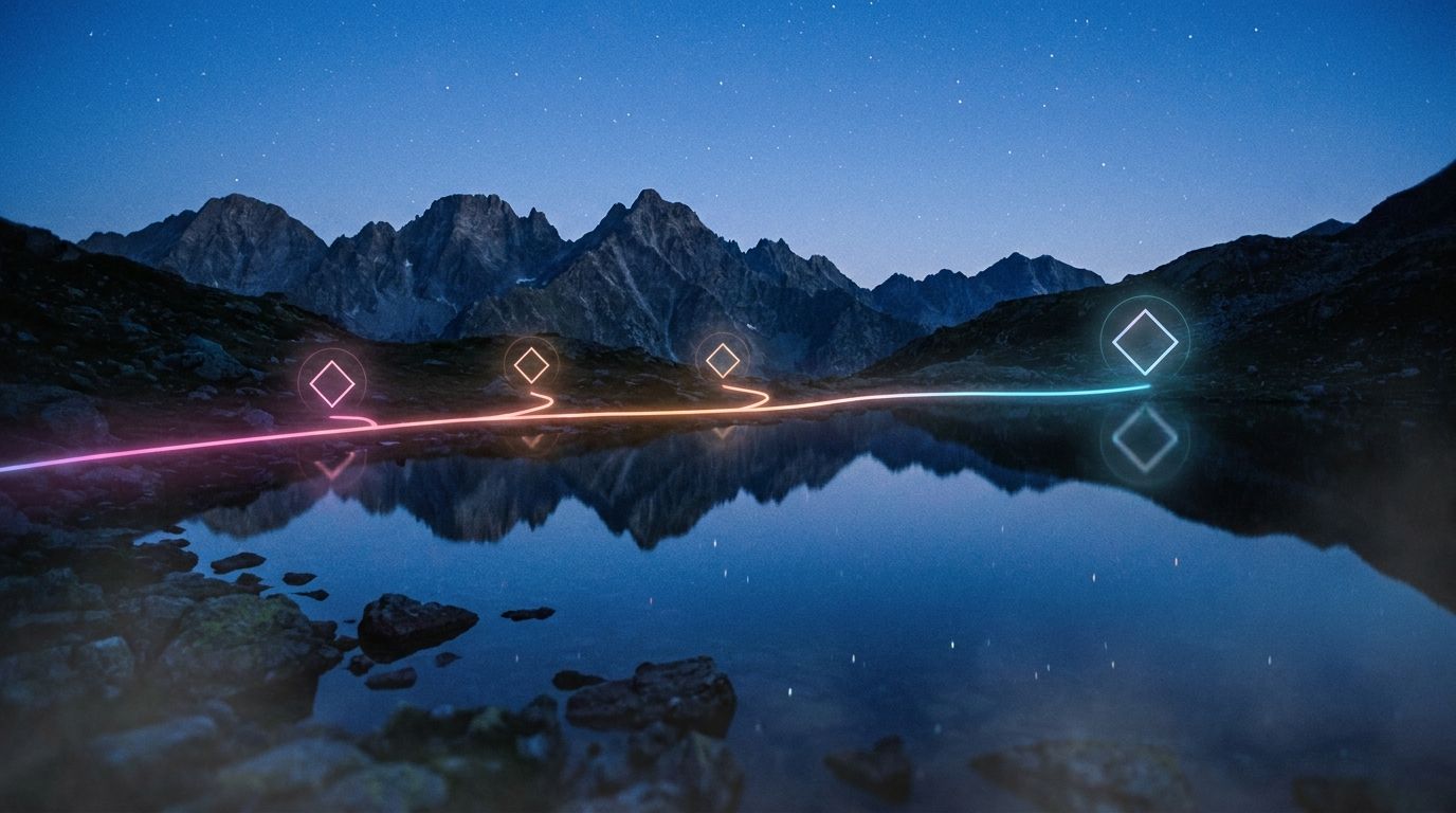 Still alpine lake at night with side paths branching from a main route to small waypoints before rejoining, like tasks handed off to grow.