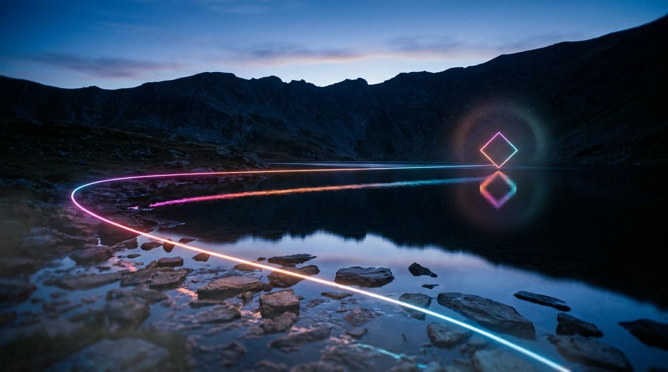 A glowing route crosses a still alpine lake's reflection to one diamond waypoint on the far shore, like choosing the right web design agency.