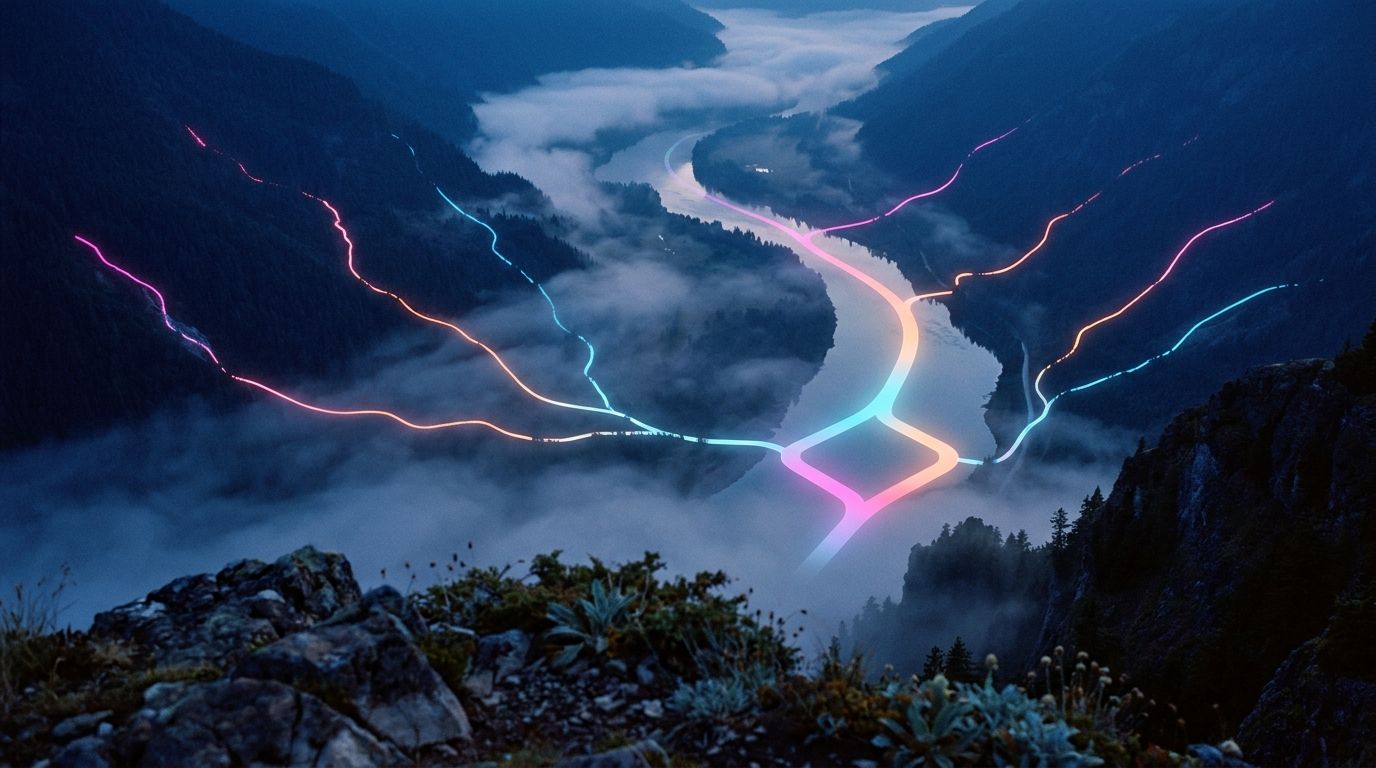 Several glowing tributary routes merge into one wide river route at a large diamond confluence marker, like fundraising strategies feeding one result.