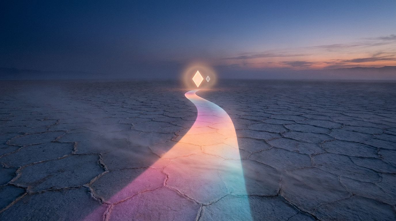 Dry lakebed at dawn with cracked clay flats, one glowing route ending at a small waypoint beside a larger one, like a bundled discount.