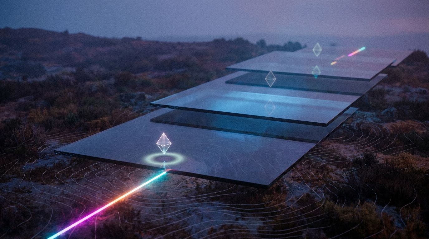Layered smoked glass slabs at blue hour with one anchored waypoint below loose drifting ones, like a branded email standing apart.