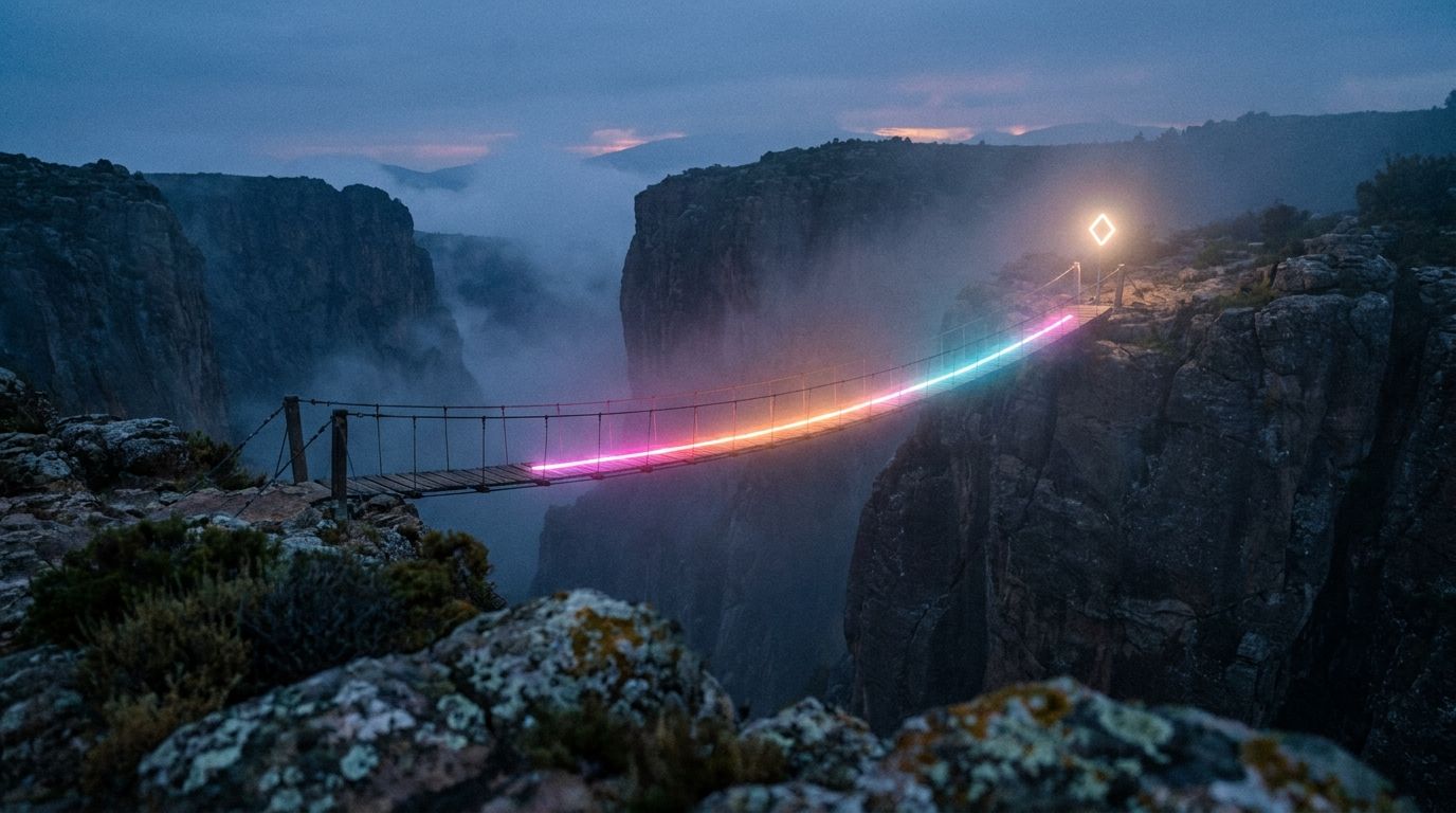A glowing route crosses a rope footbridge over a misty canyon to a diamond marker on the far rim, like a website closing the distance to supporters.