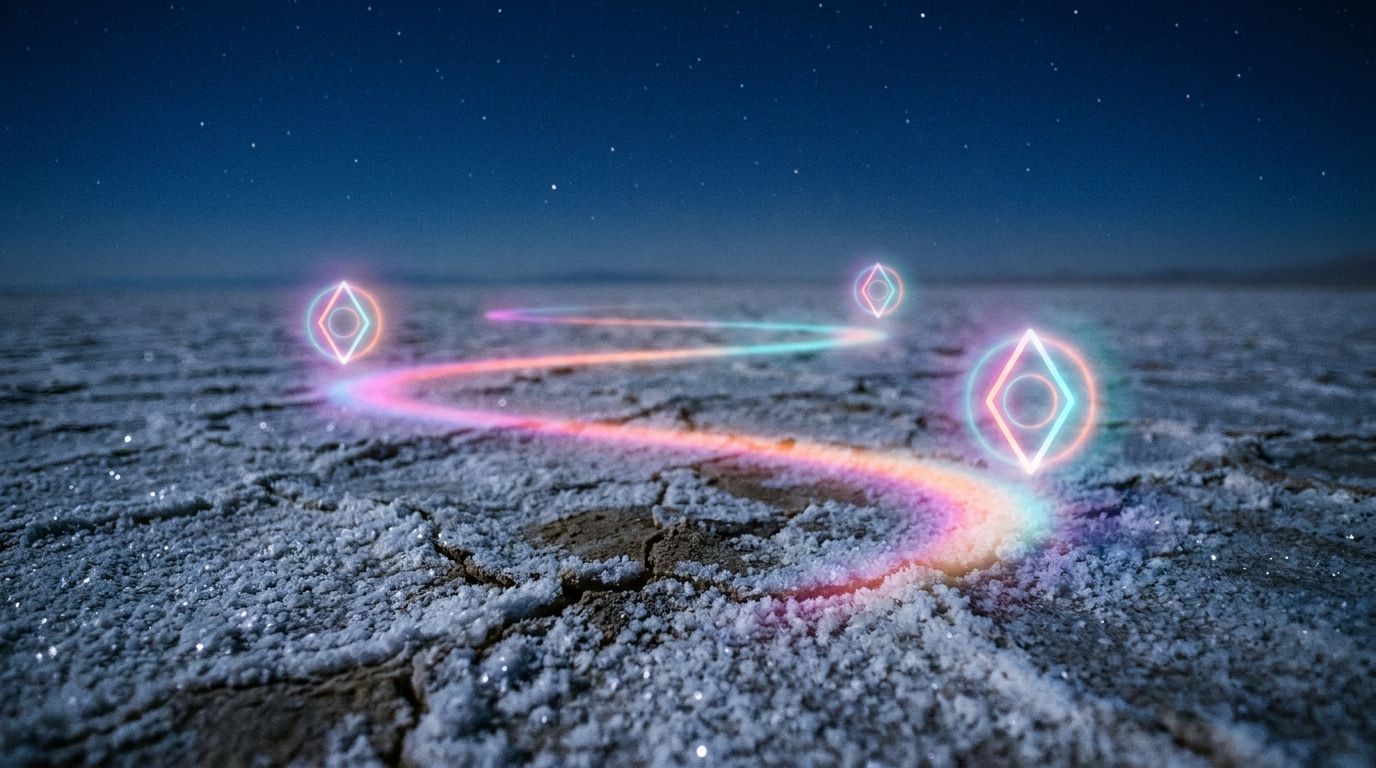Frosted salt flat at night with waypoints each carrying a faint secondary ring inside their halo, like alt text quietly describing images.