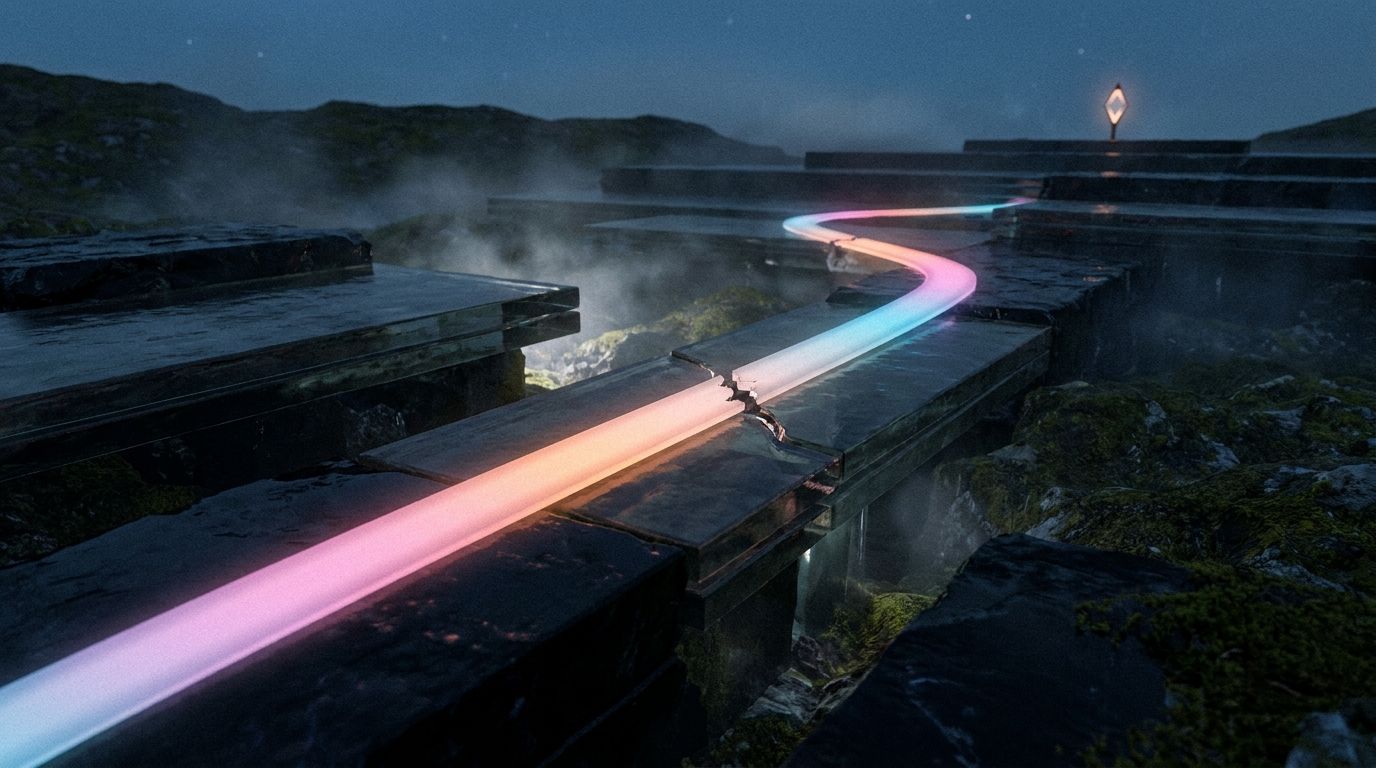 A glowing route across smoked-glass tiers shows one small break quietly rejoined before reaching a diamond marker, like a mistake caught and fixed.