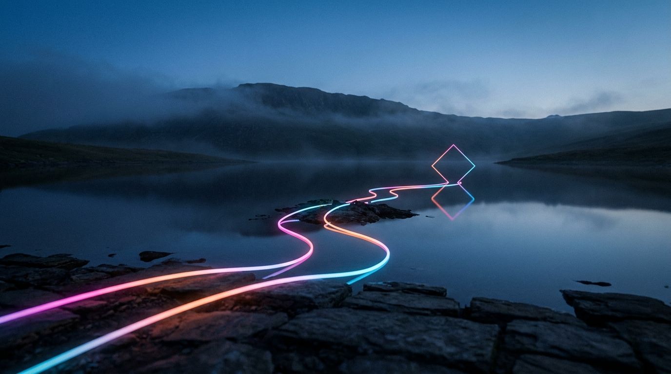 Two glowing paths merge across a still alpine lake to one diamond waypoint on the far shore at dusk, like a landing page that converts visitors.