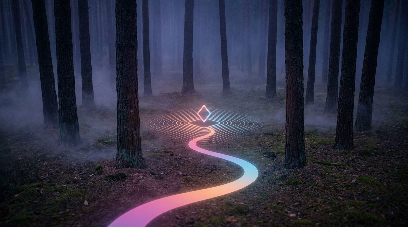 A glowing route enters a pine clearing to one diamond marker ringed by tight, precise contour lines, like on-page SEO fitted exactly to a site.