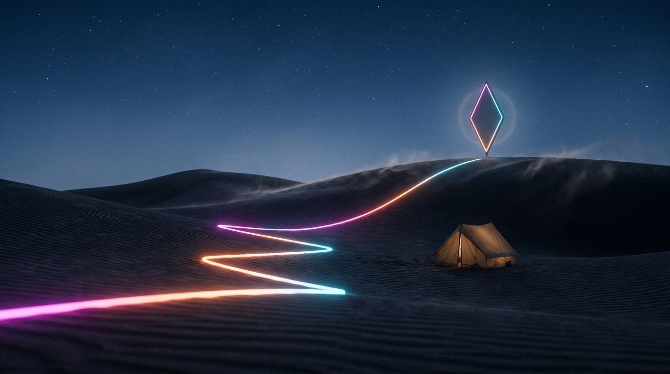Dunes at night where a jagged route smooths into a clean climb to a glowing waypoint, like a difficult customer softening.