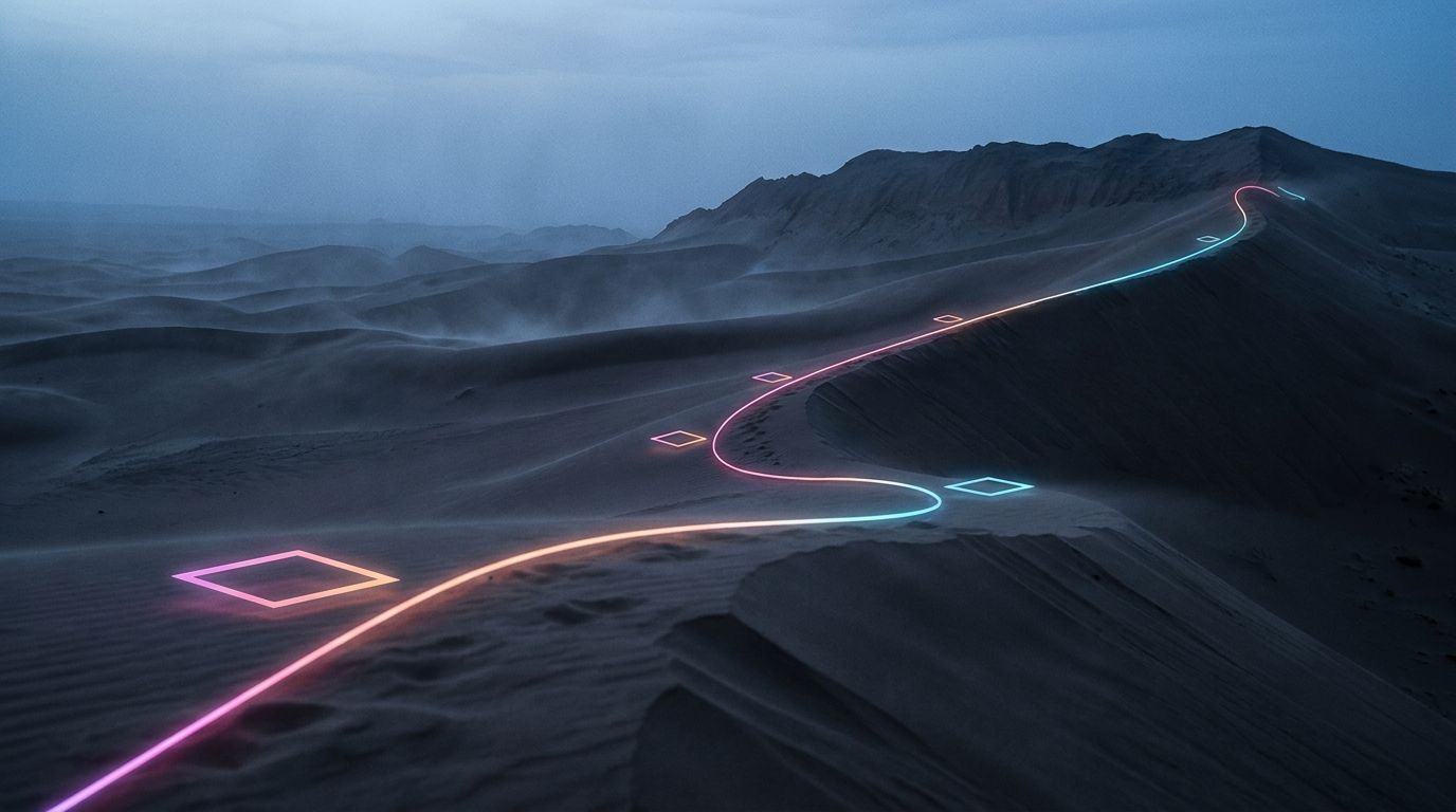 Dunes at blue hour where a glowing route bends along a sharpening ridgeline to a crest waypoint, like data sharpening a website's path.