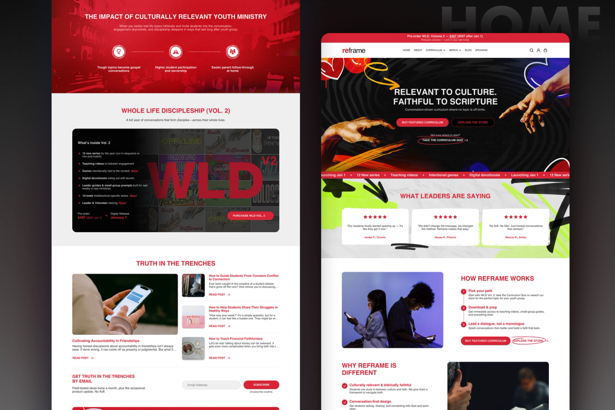Reframe Youth homepage, product page, and store interface details
