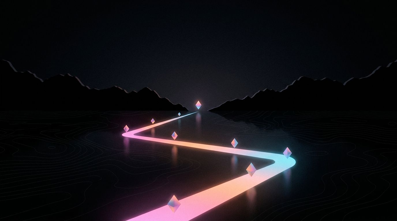 A route passes seven diamond waypoints while narrowing through a ridgeline gap toward one bright marker, like refining a landing page