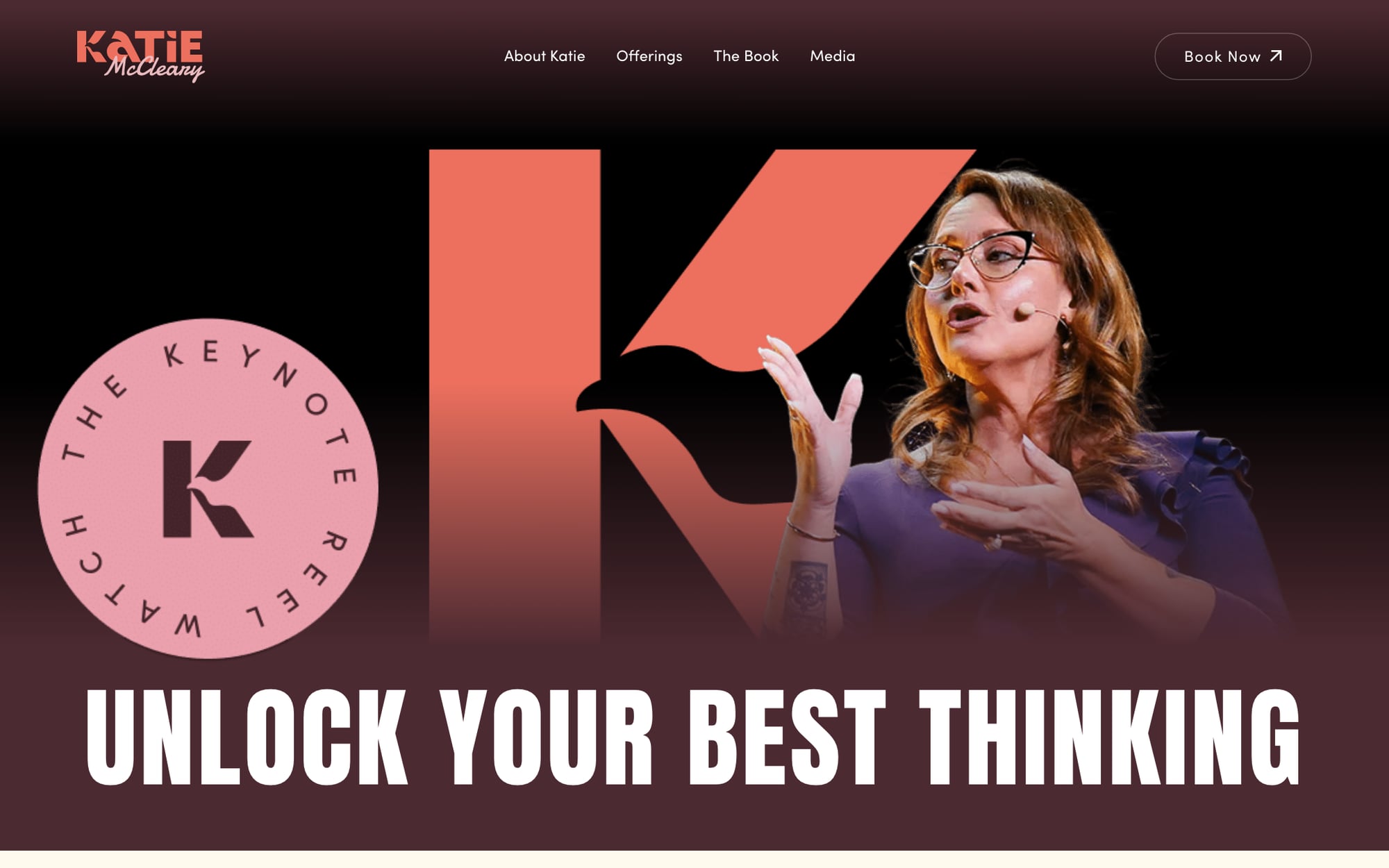 Homepage of katiemccleary.com: an oversized coral K beside Katie McCleary on stage, with the headline Unlock your best thinking