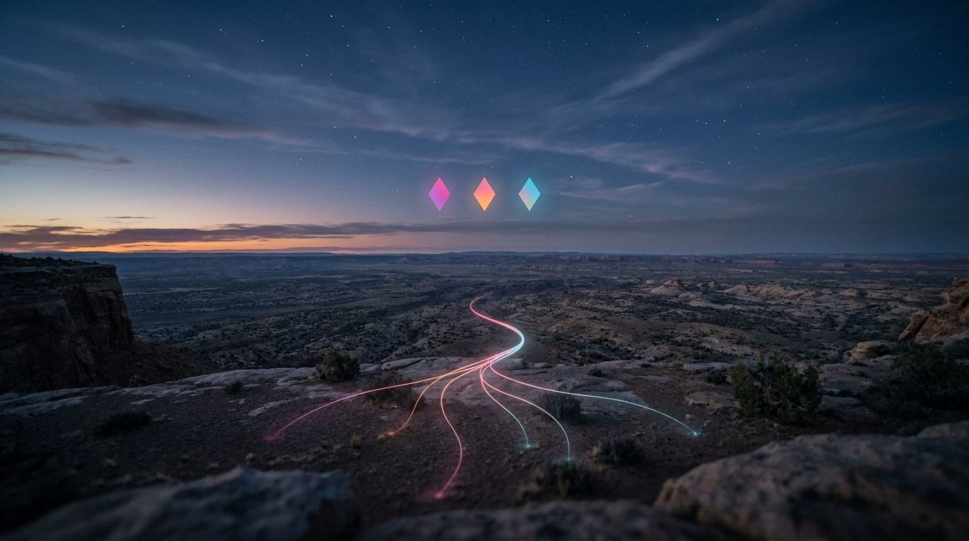 A small constellation of diamond waypoints hangs over a dark plateau above one glowing ground route, like scattered marketing adding up to growth.