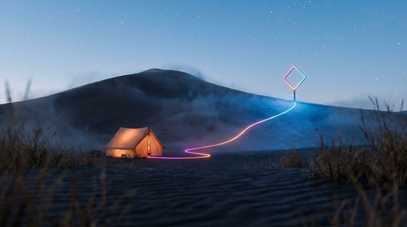 A glowing route leaves a lit tent and climbs a starlit dune to one diamond waypoint at the crest, like a nonprofit website sparking real impact.
