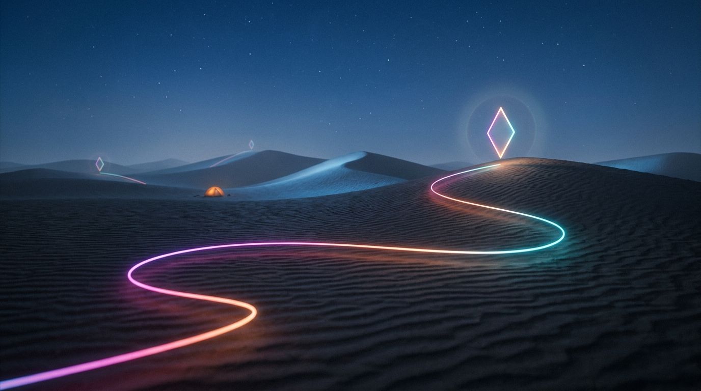A glowing route crosses starlit dunes past a distant lit tent to one diamond waypoint on a crest, like sifting Reddit for the right topic.