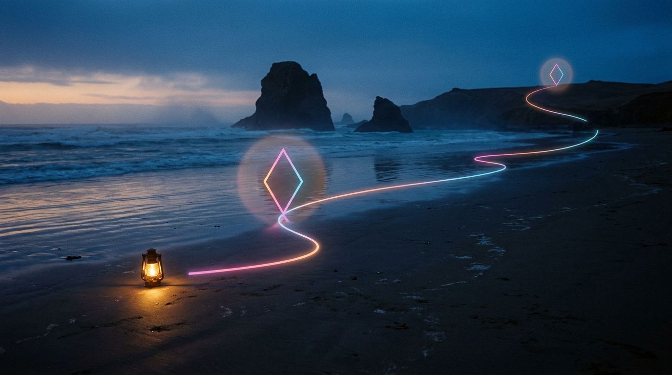 A glowing shoreline route passes a lantern glow and two diamond waypoints on an empty beach at dusk, like nonprofit website budgets.