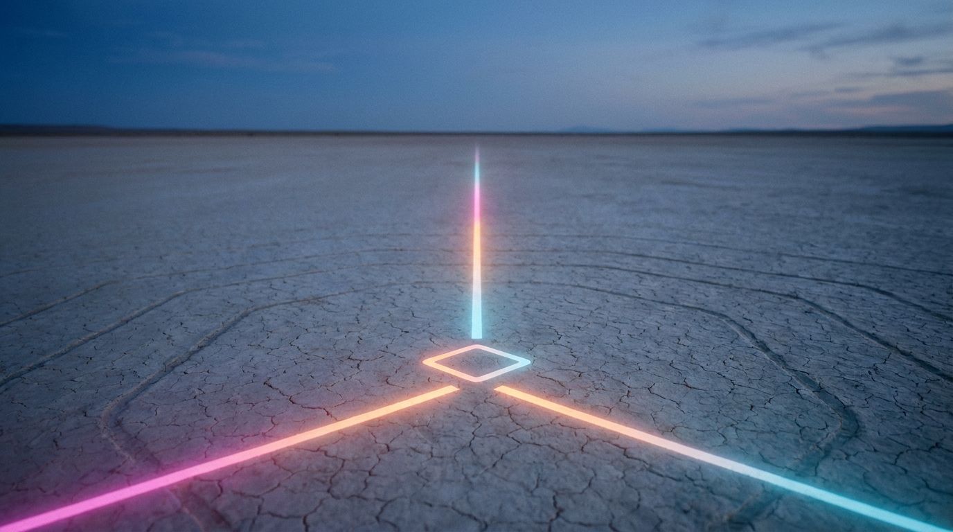 Two faint routes across a cracked lakebed meet at one diamond checkpoint before continuing brighter, like a readiness check before launch.