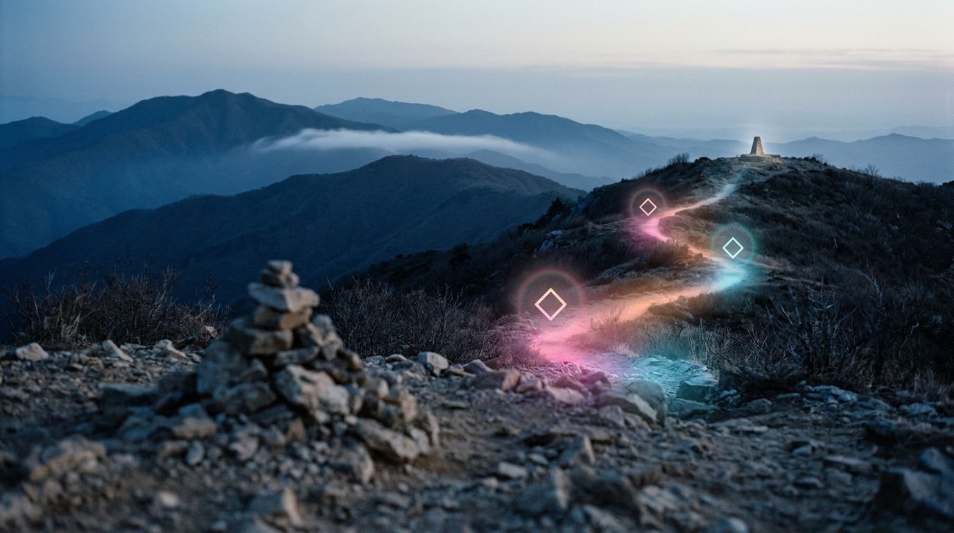 Switchback route climbing a blue-hour ridge past three glowing waypoints to a summit, like forms capturing what came before.