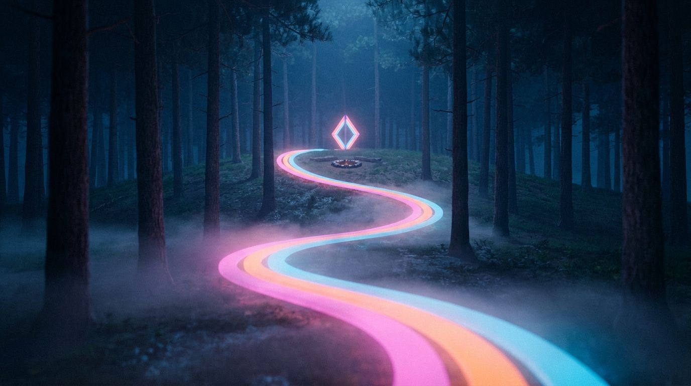 One wide, unbroken glowing route climbs a gentle pine slope to a diamond marker, like a website every visitor can navigate.