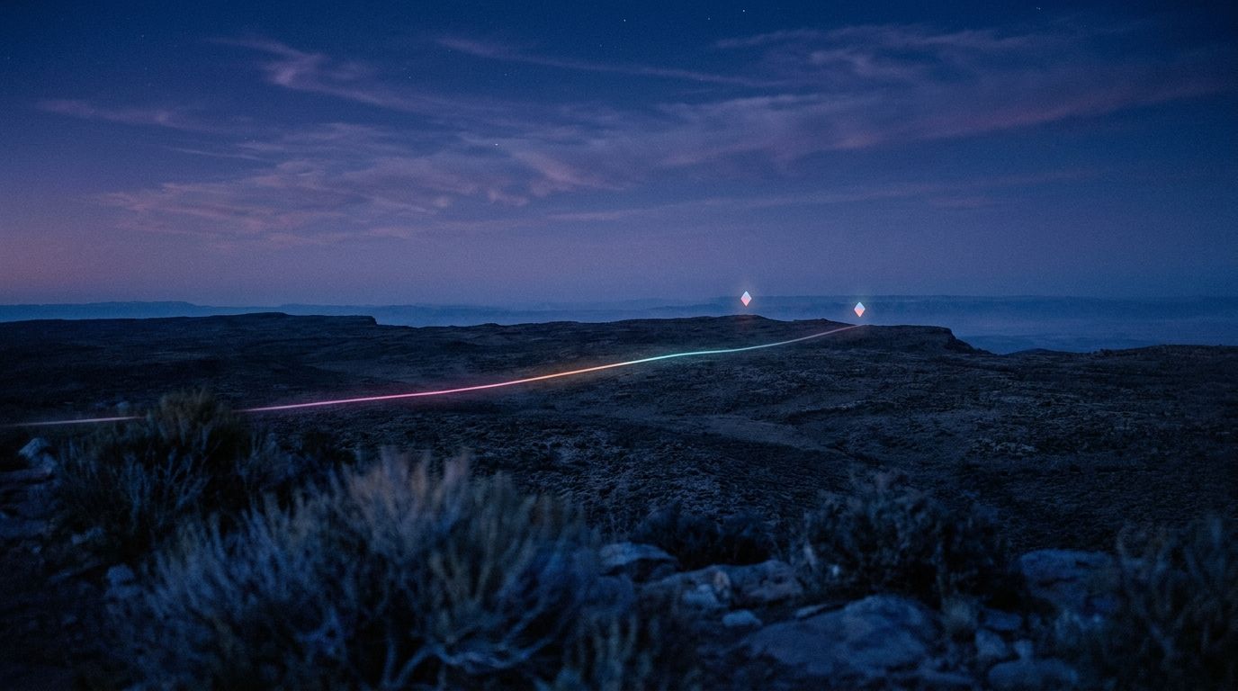 A faint pair of stars hangs over a plateau above one thin, low-glow route between two diamond markers, like sustainable design using less.
