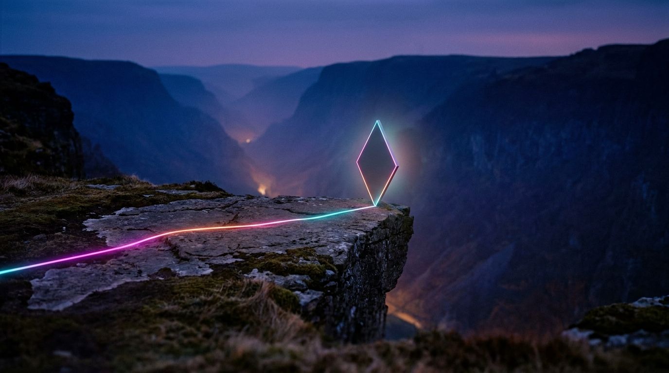 A glowing route ends at one diamond waypoint on a cliff edge above a hazy glowing valley at dusk, like SEO arriving at a new search frontier.