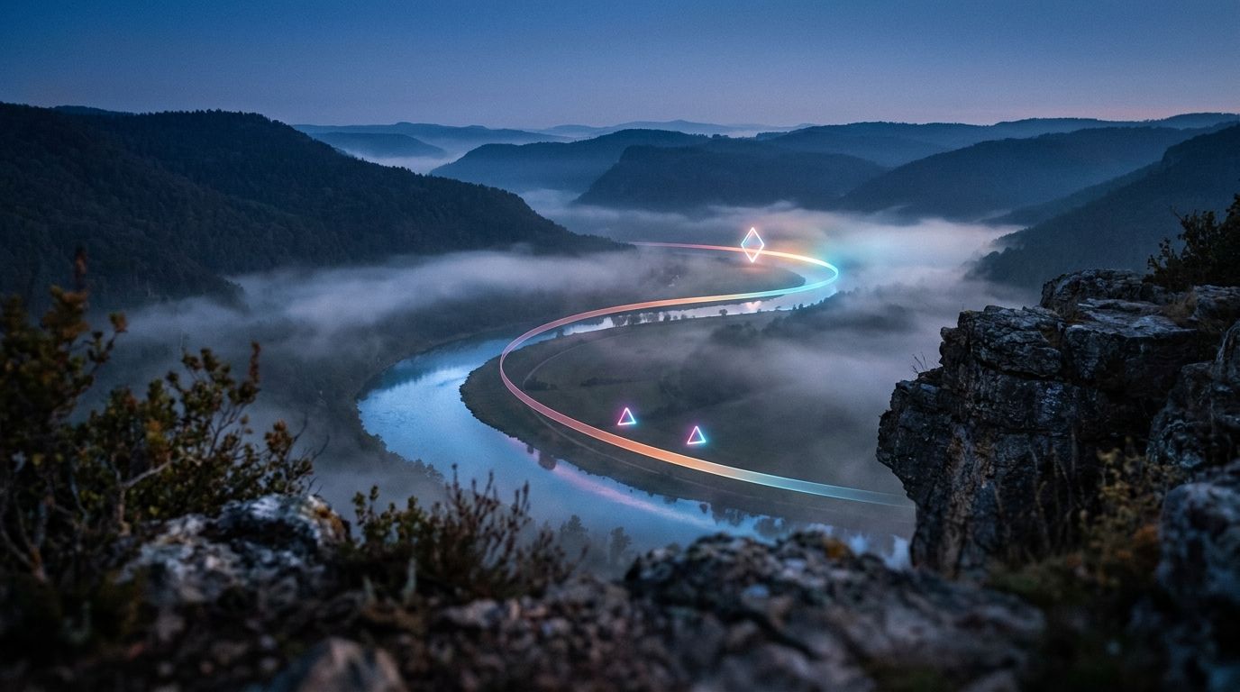 A glowing route follows a foggy river valley past brightening diamond waypoints to a clearing, like SEO work making a business easier to find.
