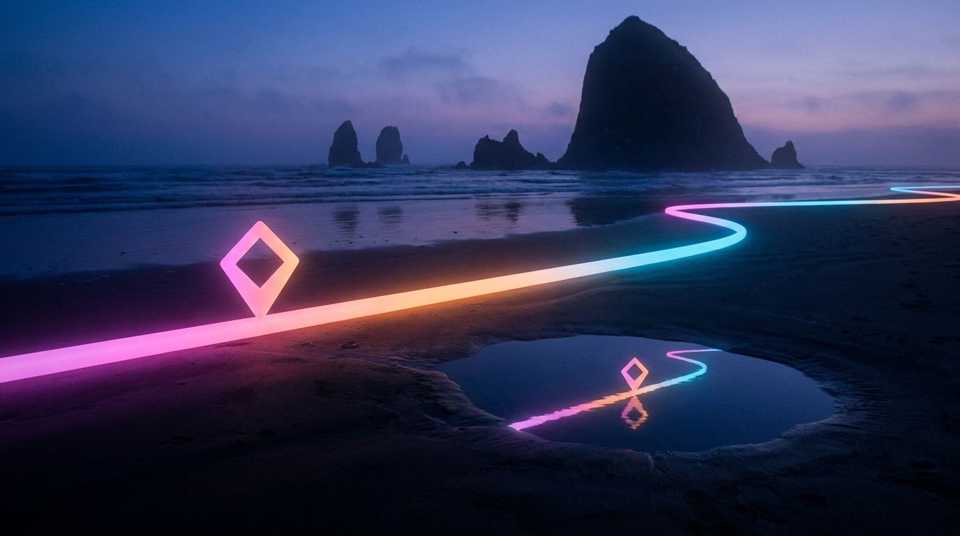 A large glowing shoreline route and marker are echoed at a smaller scale in a nearby tidepool, like a site working the same on any screen.