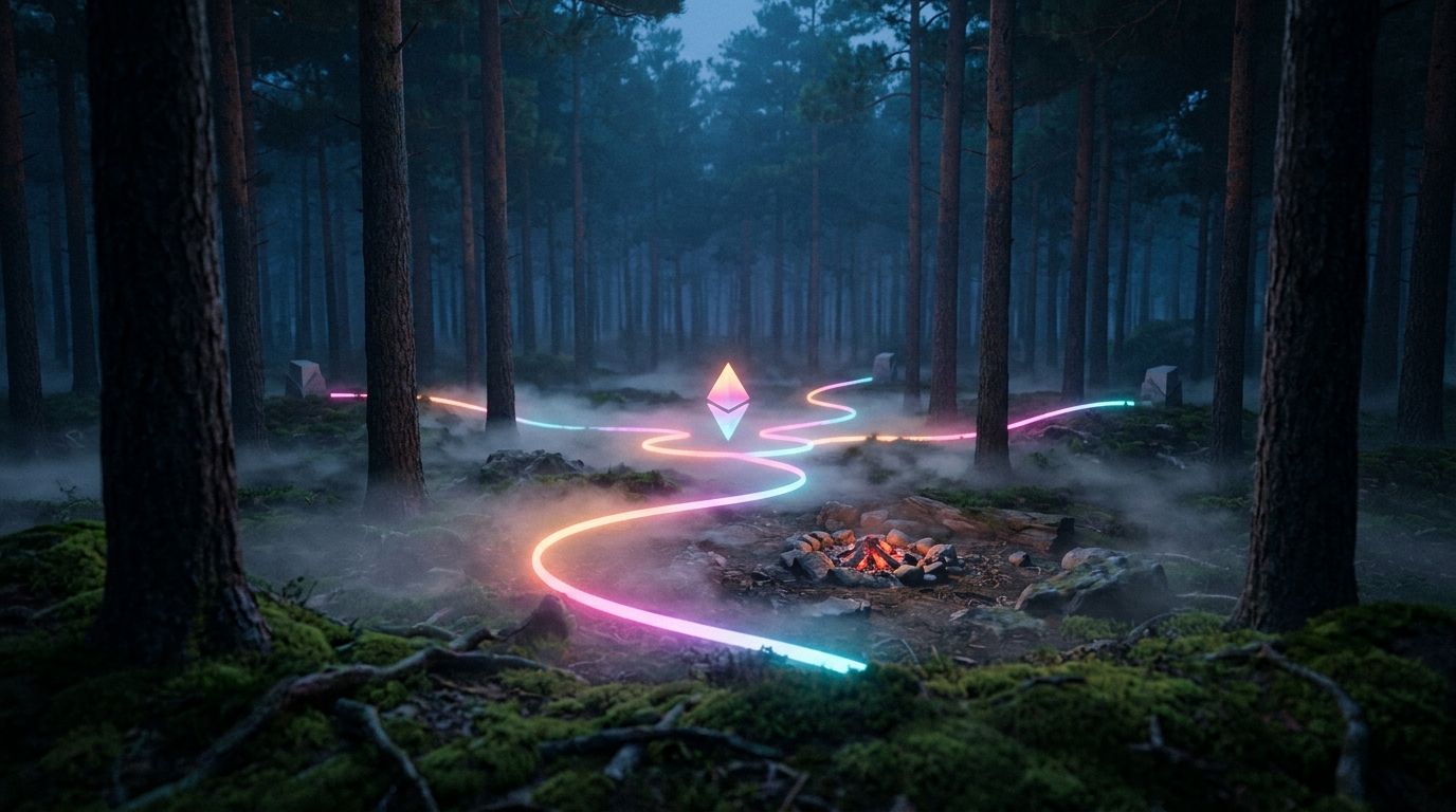 A pine clearing's diamond marker forks into three quiet spur paths through the trees, like a custom GPT branching into automated tasks.