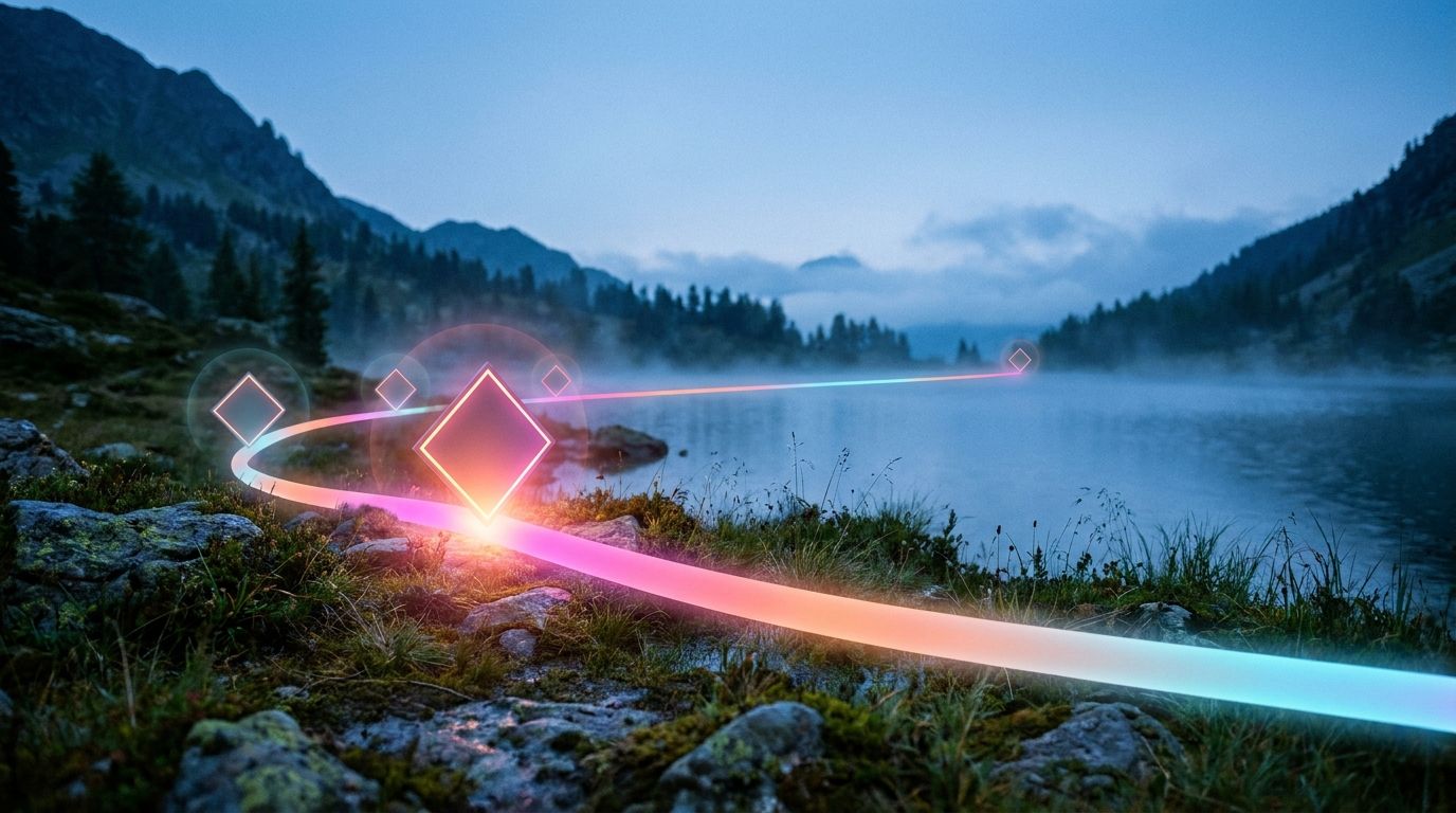 Alpine lake at dusk where a shoreline waypoint flares brightly then settles into a steady glow, like a pop-up easing into the page.