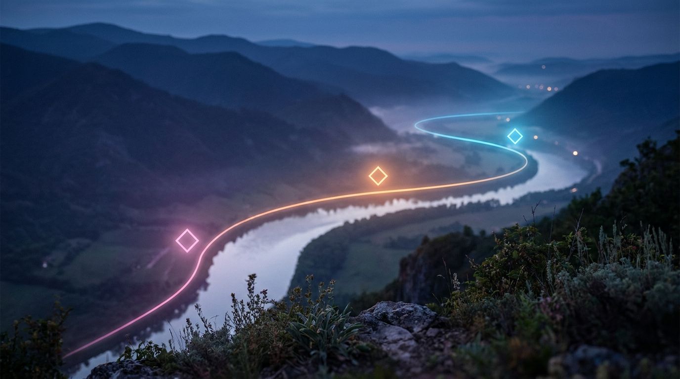 A silver river bends through valley fog as a glowing route brightens past three diamond waypoints, like a website moving from plan to launch.