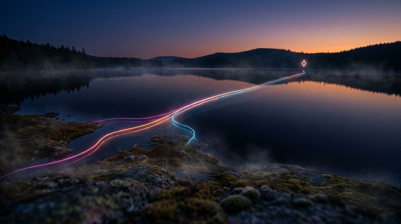 Short glowing routes from narrow inlets join one main route across a still lake to a diamond marker, like an email sequence building one relationship.
