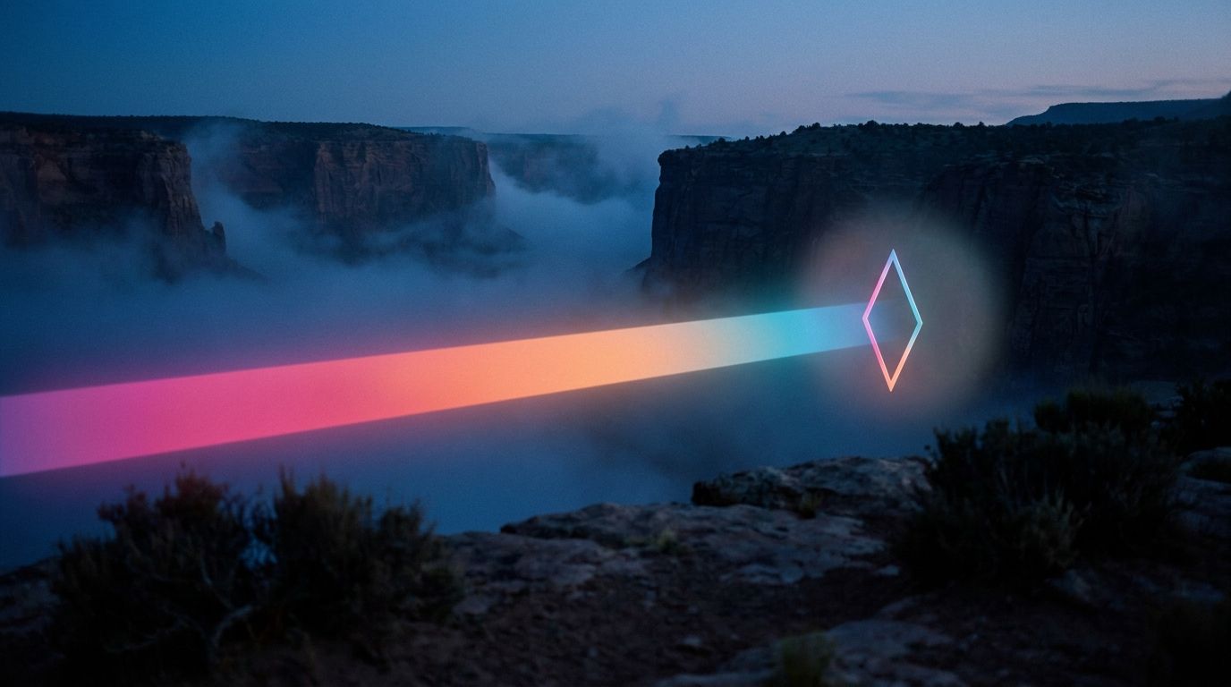 One wide glowing band of light spans a misty canyon gap to a large diamond marker, like video carrying a whole story at once.
