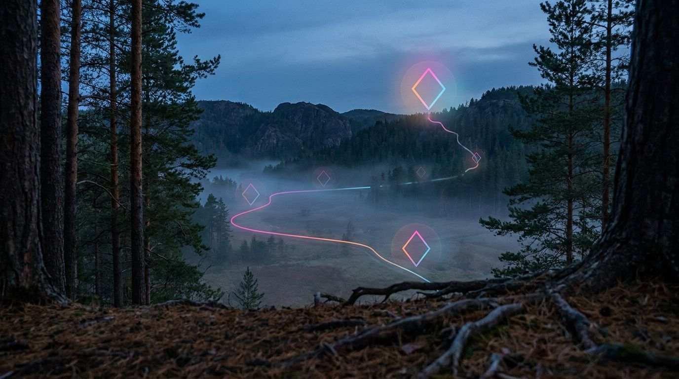 Foggy pine forest edge with one waypoint glowing above the tree line over dimmer markers below, like a page rising above search results.