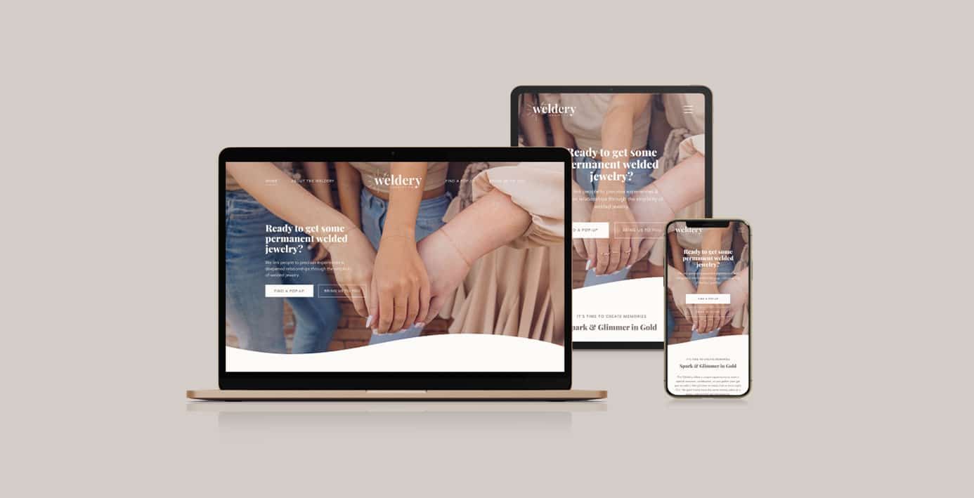 The Weldery permanent-jewelry website shown across laptop, tablet, and phone