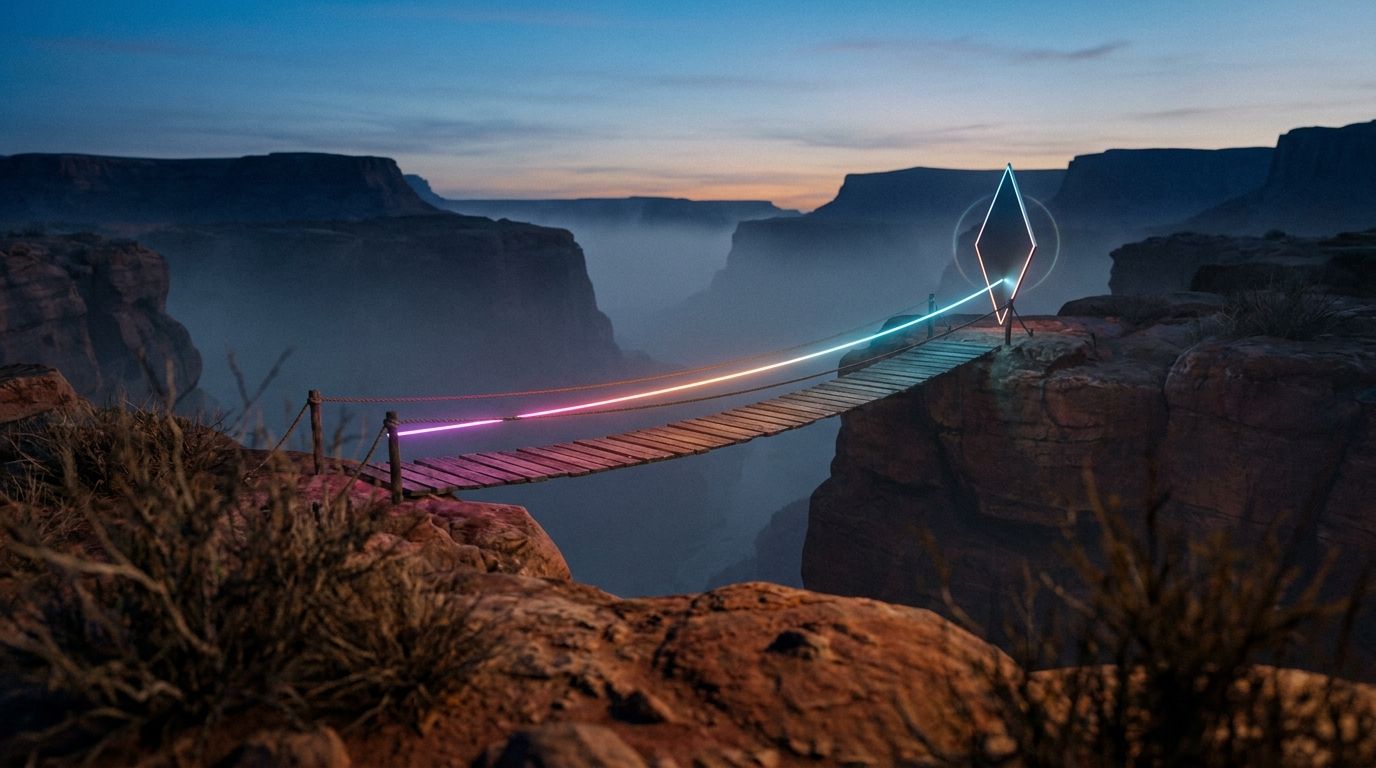 A glowing route crosses a narrow footbridge over a misty rust canyon to one diamond waypoint on the far rim, like custom app cost tiers.