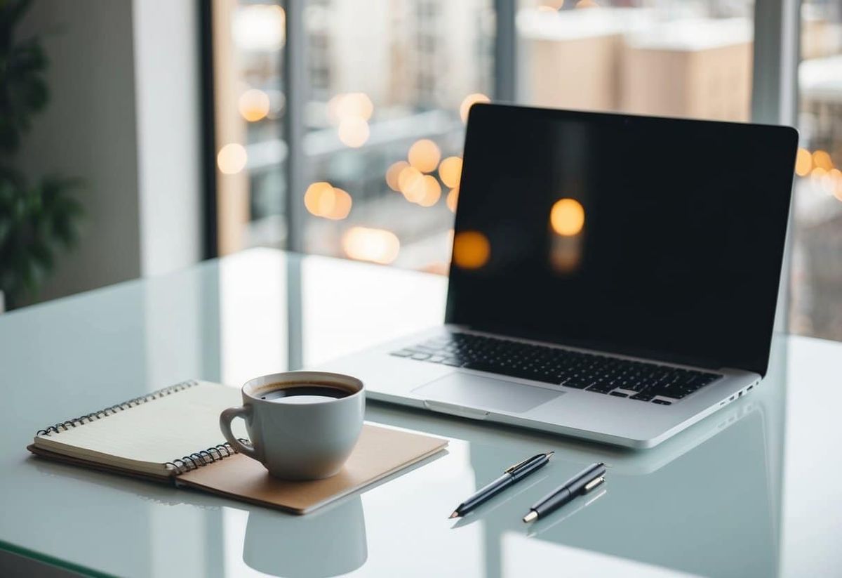 A laptop open on a clean desk, with a cup of coffee and a notepad with pen