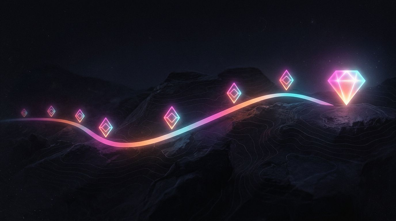 A route rests at diamond waypoints, each brighter than the last, before reaching a large marker at the end, like a well built email sequence