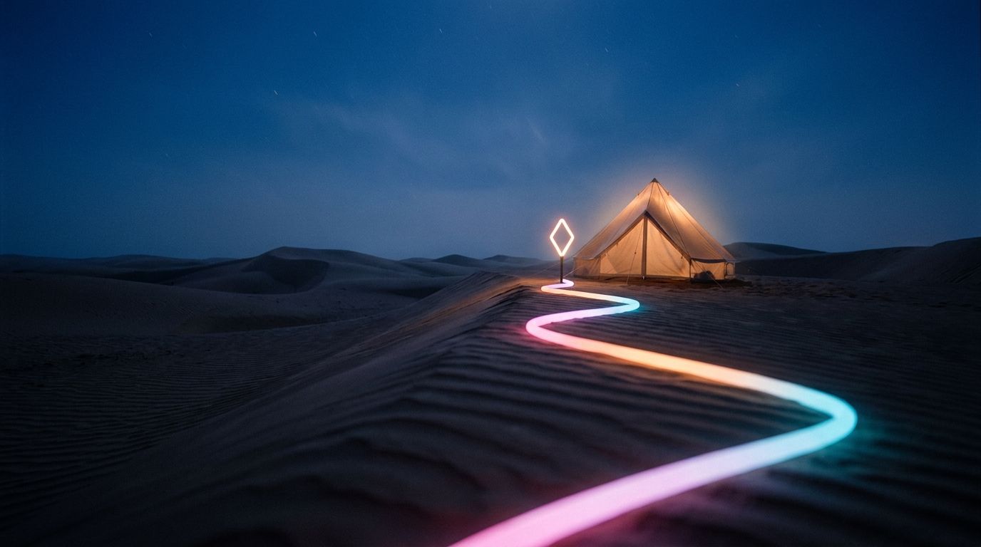 A glowing route crosses wind-carved dunes to a diamond marker beside a lit canvas tent, like a home service business easy to find.